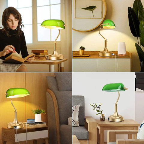 Green Glass Bankers Lamp With 2 USB Ports And Touch Control Brass Base 3 Way Dimmable Vintage Desk Lamp in various settings