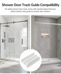 Sliding Shower Door Bottom Guide Rail With Screws For 7/16 Inch Glass, Durable Plastic Track Kit That Fits Standard Shower Doors, Precise Fit No Hassle Install Smooth Sliding, white bottom guide shown on glass shower doors
