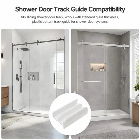 Sliding Shower Door Bottom Guide Rail With Screws For 7/16 Inch Glass, Durable Plastic Track Kit That Fits Standard Shower Doors, Precise Fit No Hassle Install Smooth Sliding, white bottom guide shown on glass shower doors