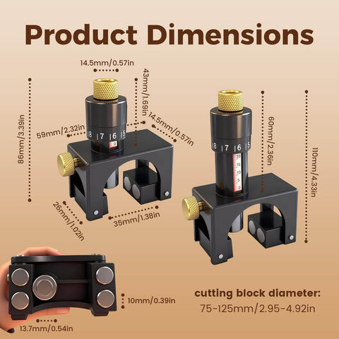Two Piece Magnetic Planer Blade Setting Jig Gauge Set For Woodworking Tools, shown with measurements and components in detail.