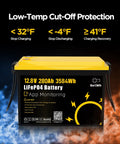 Heavy Duty 12 Volt 280 Ah LiFePO4 Deep Cycle Battery Built Tough For Trolling Motors RV Camper And Marine Setups Featuring Smooth Bluetooth App Tracking And Zero Stress Operation with low-temp cut-off protection displayed.