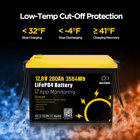 Heavy Duty 12 Volt 280 Ah LiFePO4 Deep Cycle Battery Built Tough For Trolling Motors RV Camper And Marine Setups Featuring Smooth Bluetooth App Tracking And Zero Stress Operation with low-temp cut-off protection displayed.