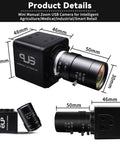 Top Tier Global Shutter Usb Camera With Hella Fast 640 Fps Monochrome Capture And Slick 5 To 50 Millimeter Cs Lens Kit For Linux Mac And Windows Platforms, showing dimensions and lens details.