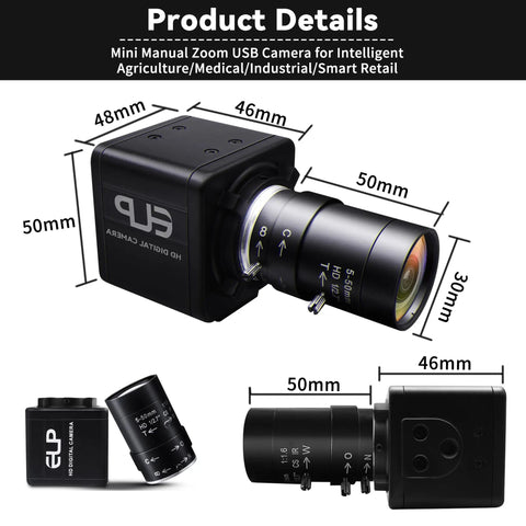 Top Tier Global Shutter Usb Camera With Hella Fast 640 Fps Monochrome Capture And Slick 5 To 50 Millimeter Cs Lens Kit For Linux Mac And Windows Platforms, showing dimensions and lens details.