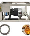 Adjustable Speed Industrial Honey Pump For Thick Liquids 6 To 10 L Per Minute, 90W Electric Food Grade Gear And CAM Rotor Pump With Pipe, Handles 800 To 4000 cP Viscosity, Up To 8 Kg Per Minute Honey Transfer. Stainless steel frame with hose and honey use.