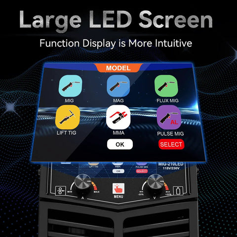 Large LED screen of Powerhouse 8 In 1 Multi Process Welder For Aluminum And Steel displays intuitive functions.