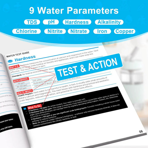 Open guide from Water Test Kit With TDS Meter And 20 Test Strips, Eight In One Diagnostics, User Action Guide And Two Record Sheets