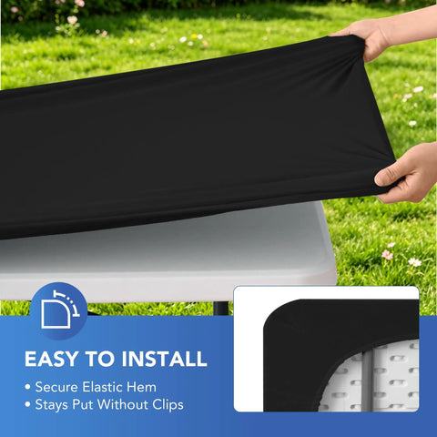 Person installing Six Pack Fitted Tablecloth For 6 Foot Rectangular Tables Black Elastic Spandex Stretch Table Cover on outdoor table