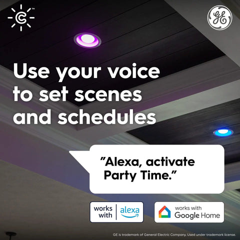 Indoor ceiling with Color Changing BR30 LED Flood Light Bulbs Four Pack, WiFi Smart Bulbs with voice control icons for Alexa and Google.