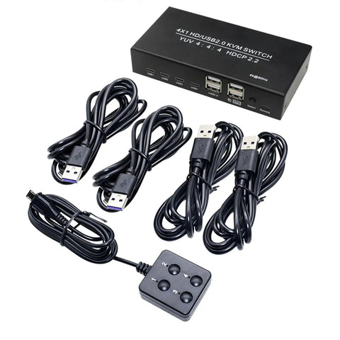 Hassle Free 4 Port KVM Switch With 4K 60Hz Video Sharing And Dual Computer Control showing unit and USB cables.