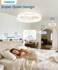 Compact 20in Bladeless Ceiling Fan With Dimmable Led Light And Wifi App Control Low Profile Flush Mount in bedroom, woman sleeping.