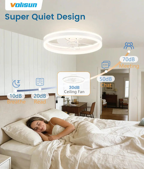 Compact 20in Bladeless Ceiling Fan With Dimmable Led Light And Wifi App Control Low Profile Flush Mount in bedroom, woman sleeping.