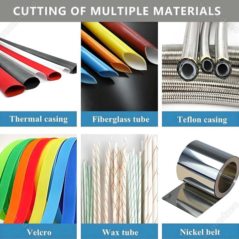 Cutting of multiple materials including thermal casing, fiberglass tube, and nickel belt with Professional Heavy Duty Electric Conduit And Automatic Heat Shrink Tube Cutter.