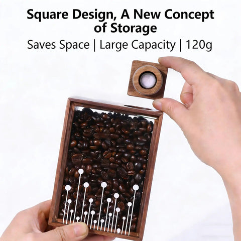 Handcrafted Solid Wood Coffee Bean Jar With Reliable One Way Degassing Valve And Heavy Duty Rubber Seal Keeps Your Daily Grind Fresh As Heck And Ready For Brewing On The Kitchen Counter, large capacity with 120g of coffee beans.