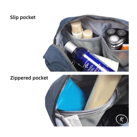 Teal Travel Toiletry Bag 5L Compact Organizer With Waterproof Wet Dry Compartment showing slip and zippered pockets filled