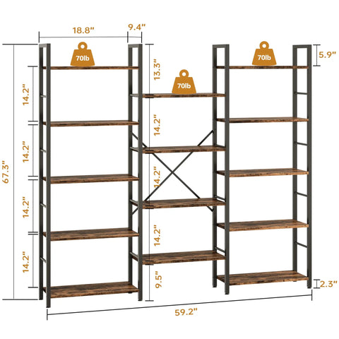 Big Ol Industrial Triple Column 5 Tier Bookshelf With Open Display Shelves For Home Office Rustic Brown Large Etagere Bookcase dimensions