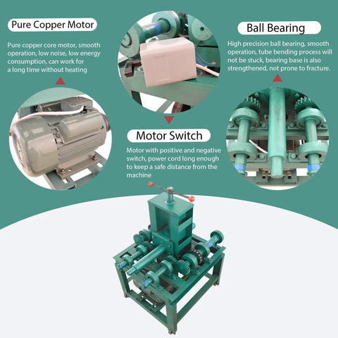 Heavy Duty Electric Pipe Bender With 15 Round And 9 Square Dies showing pure copper motor, ball bearing, and motor switch details.