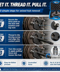 Built Tough Wheel Hub Puller Kit Compatible With 5 6 And 8 Lug Cars Trucks showing step-by-step hub removal guide.