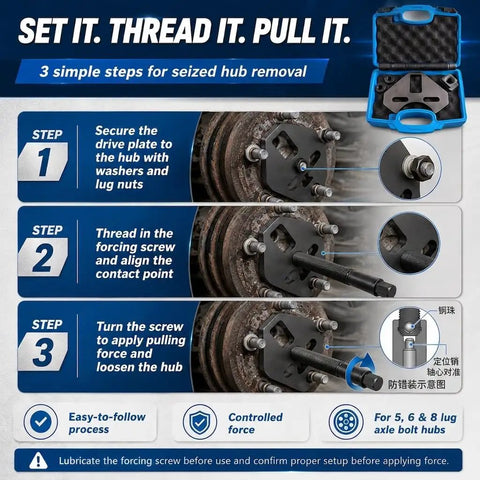Built Tough Wheel Hub Puller Kit Compatible With 5 6 And 8 Lug Cars Trucks showing step-by-step hub removal guide.