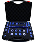 Pro Grade Bike Bearing Press Kit With 35 Adapters in blue carry case, featuring headset press tool and heavy duty bicycle bearing set.