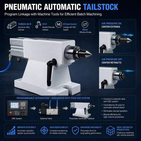 Heavy Duty Cnc 4 Axis Pneumatic Tailstock With 50Mm Stroke Plug And Play Rig Built Tough For Hardworking Lathe Tasks And Precision Mold Assembly At 145Mm Center Height, shown from the front with features highlighted.