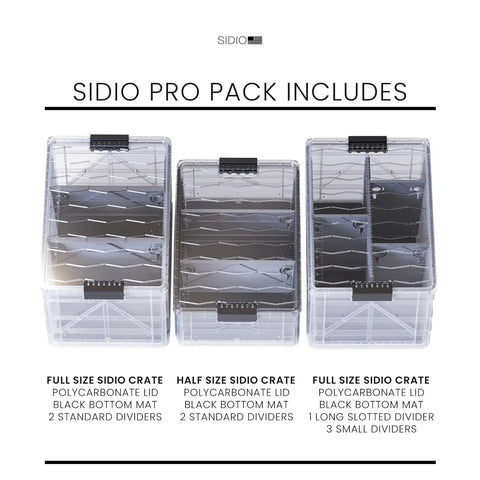Pro Pack Heavy Duty Stackable Storage Bins Set with Lids and Dividers, two full-size and one half-size crates