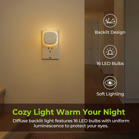AUVON plug-in LED night light installed in wall outlet with warm backlit glow.