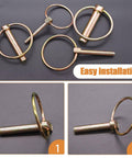 Heavy Duty Lynch Pin Kit 50 Piece Set for Farm Equipment, linch pins with ring clips, close-up of installation process.