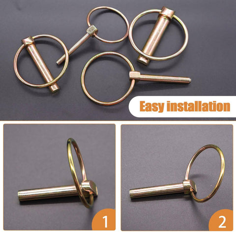 Heavy Duty Lynch Pin Kit 50 Piece Set for Farm Equipment, linch pins with ring clips, close-up of installation process.