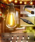 Close-up of 100 Ft LED Outdoor String Lights with 30 Shatterproof Edison Style Bulbs, PVC wiring, and connection details.