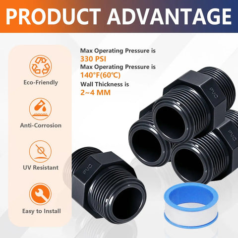 2 Pack Gray PVC Male Thread Adapters For 2 Inch Pipes with sealing tape, corrosion resistant, SCH40 fittings.
