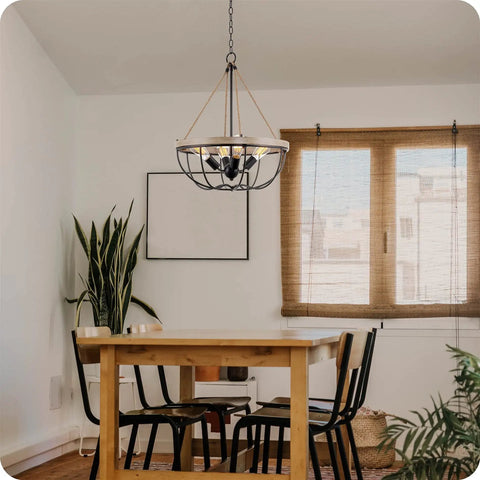 Florence 25 Inch Four Light Modern Farmhouse Hemp Rope Chandelier In Smoked Birch Finish for Dining Table Kitchen Island.