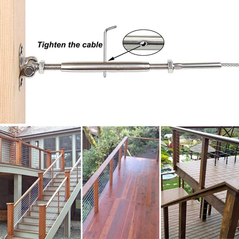 30 Pairs Steel Cable Railing Kit For One Eighth Inch Cable, Adjustable Angle Base With 180 Degree Freedom, shown on deck.
