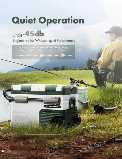 Dual Zone 39 Quart 12 Volt Portable Car Refrigerator With Independent Temp Control for quiet outdoor use near fishing spot