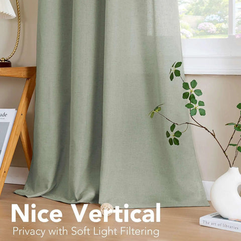 Living Room Linen Blend Curtains With Semi Sheer Light Filtering Nickel Grommets Sea Grass Color Energy Saving Window Treatments