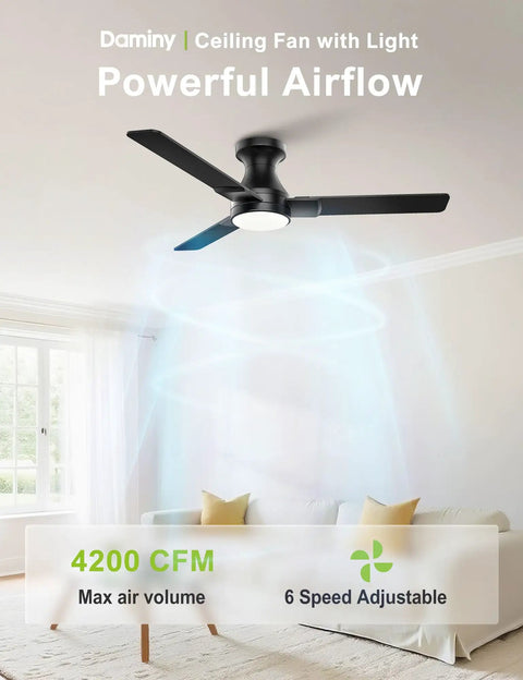 42 Inch Ceiling Fan With Lights 3 Blades Low Profile Flush Mount Black Finish Dope Remote And App Control 6 Speeds