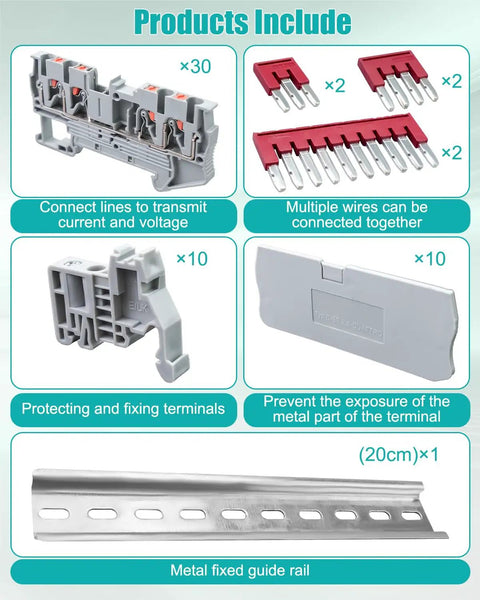 Industrial Grade Heavy Duty Din Rail Terminal Block Kit With 32 Amp Push In Connectors Made For Plug And Play Electrical Wiring includes 30 modules.