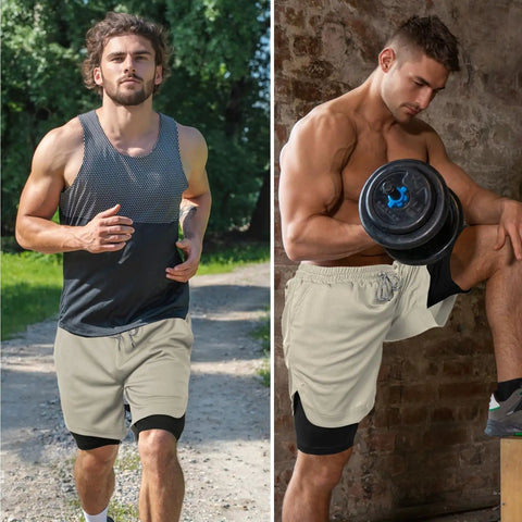 Men's 2 In 1 Running Shorts With Built In Liner Quick Dry Training Gear Zip Pockets And Towel Loop Lightweight Athletic Shorts Khaki