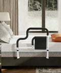 Heavy Duty Bed Rail With Handle And Pocket For Seniors, L Shaped Adjustable Safe Bedside Support installed on a bed