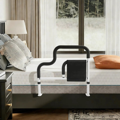Heavy Duty Bed Rail With Handle And Pocket For Seniors, L Shaped Adjustable Safe Bedside Support installed on a bed