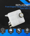 Mazda 3 Coolant Reservoir Tank With Cap For 2004-2013 Mazda 3 And 2009-2013 Mazda 3 Sport Replacement Part LF5015350 5M5H8K218AA Easy Install Leak-Proof Cap, shown with features icons.