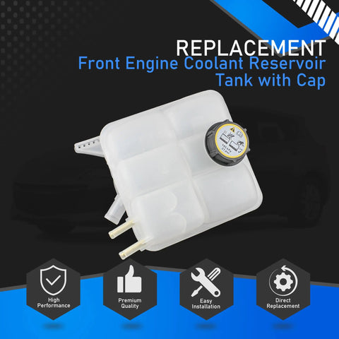 Mazda 3 Coolant Reservoir Tank With Cap For 2004-2013 Mazda 3 And 2009-2013 Mazda 3 Sport Replacement Part LF5015350 5M5H8K218AA Easy Install Leak-Proof Cap, shown with features icons.