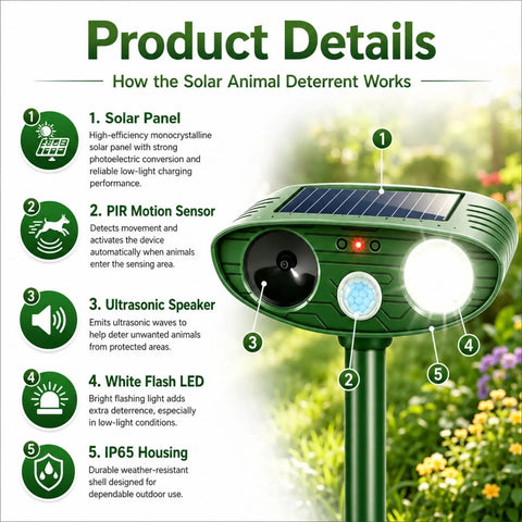 4 Pack Solar Ultrasonic Animal Deterrents With PIR Motion Sensor, Waterproof Outdoor Yard Deterrents For Deer, Raccoons, Squirrels, Cats, Rabbits, Skunks And Foxes That Scare Off Pests With LED Alerts No Fuss Setup. Product details diagram of solar panel and PIR sensor