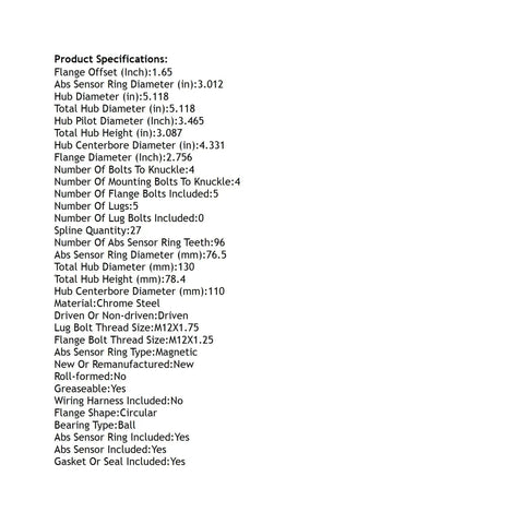 Front Hub Bearing Assembly specifications list for 2014-2023 Jeep Cherokee 5-Lug With ABS Sensor Bolt-On Direct Fit 27-Spline Ball Bearing