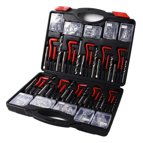 261Pcs Thread Repair Kit With Self Tapping Inserts And Drill Bit Set Pro Grade Rugged HSS 4241 304 Stainless Steel For Automotive Switch Equipment Multiple Pieces Included. Open case with tap, drill bit, and insert compartments.
