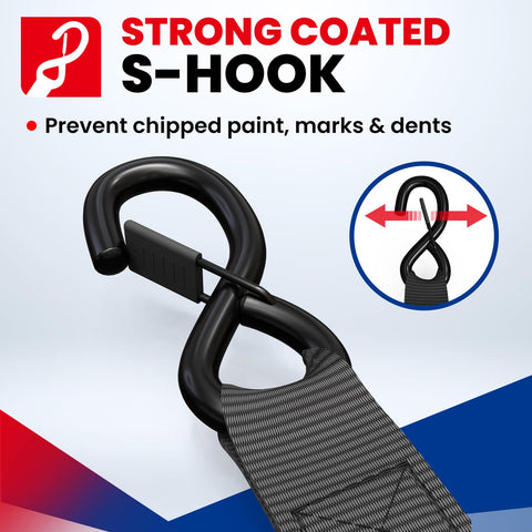 Beefy 5200 Lb Heavy Duty Ratchet Tie Down Straps Kit with strong coated S-hook detail, prevents paint chipping and marks.