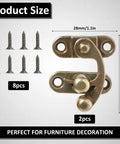 Two Piece Bronze Zinc Alloy Swing Arm Hasp Latch Set With Heavy Duty Mounting Screws For Jewelry Boxes Cabinets And Toolboxes, includes 2 hasps and 8 screws.