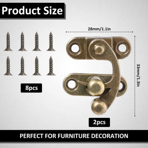 Two Piece Bronze Zinc Alloy Swing Arm Hasp Latch Set With Heavy Duty Mounting Screws For Jewelry Boxes Cabinets And Toolboxes, includes 2 hasps and 8 screws.