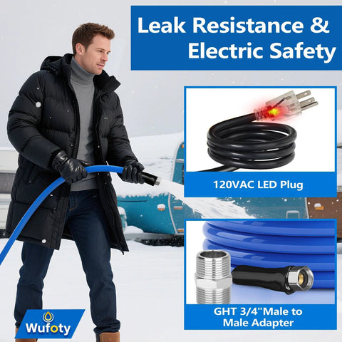 Wufoty 15ft heated RV water hose, blue, 1/2" ID; includes 120VAC LED plug and 3/4" male adapter