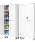 Heavy Duty 75 Inch Metal Garage Storage Cabinet On Wheels With Two Doors And Five Adjustable Shelves For Home Office Workshop And Warehouse White Easy Assembly
